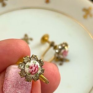 Vintage Guilloche Enamel with Rose Screwback Earrings